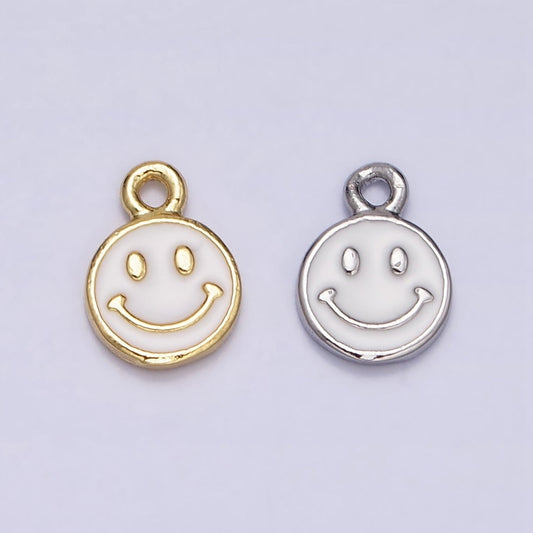 16K Gold Filled Smiley Face White Enamel Round Charm in Gold & Silver | AC1332 AC1333