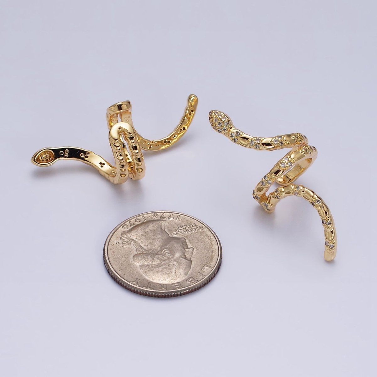 16K Gold Filled Snake Serpent Scale Textured Micro Paved CZ Long Ear Cuff Earrings in Gold & Silver | AI-011 AI-012