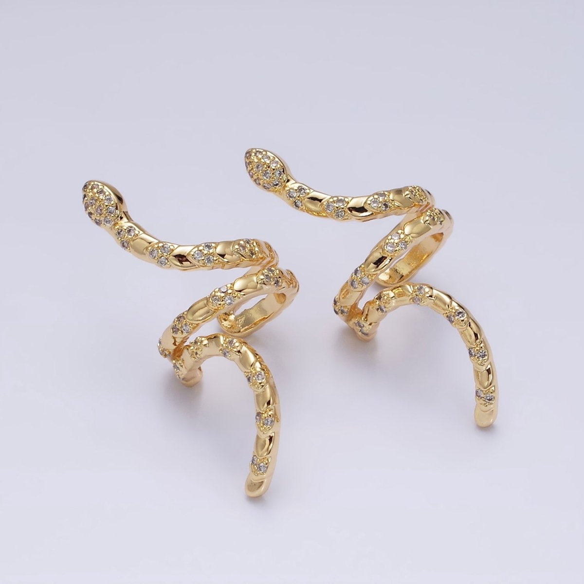 16K Gold Filled Snake Serpent Scale Textured Micro Paved CZ Long Ear Cuff Earrings in Gold & Silver | AI-011 AI-012