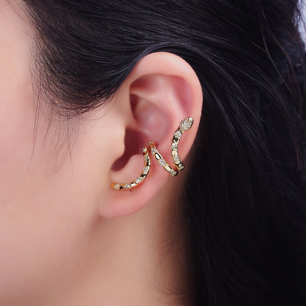 16K Gold Filled Snake Serpent Scale Textured Micro Paved CZ Long Ear Cuff Earrings in Gold & Silver | AI-011 AI-012