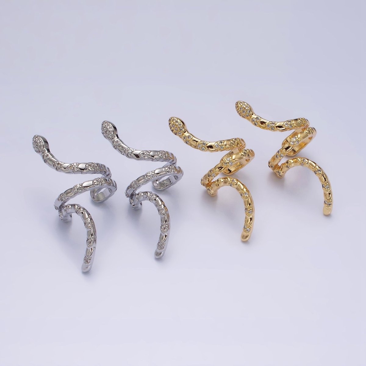 16K Gold Filled Snake Serpent Scale Textured Micro Paved CZ Long Ear Cuff Earrings in Gold & Silver | AI-011 AI-012