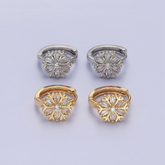 16K Gold Filled Snowflake Baguette CZ Huggie Earrings in Gold & Silver | AB1457 ABB1458