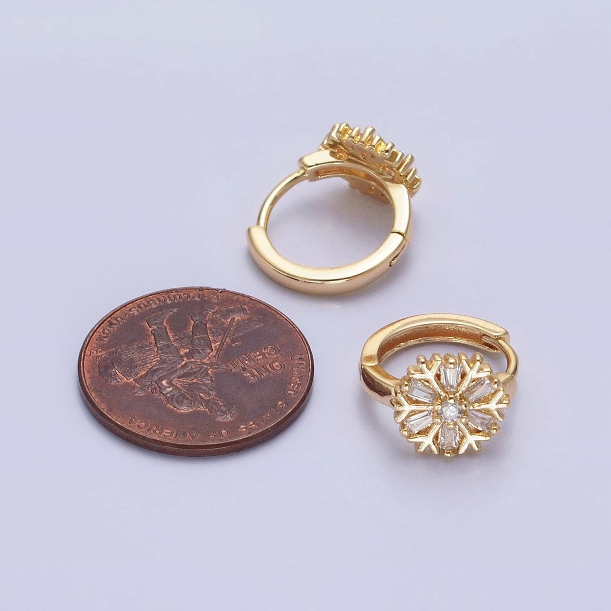 16K Gold Filled Snowflake Baguette CZ Huggie Earrings in Gold & Silver | AB1457 ABB1458
