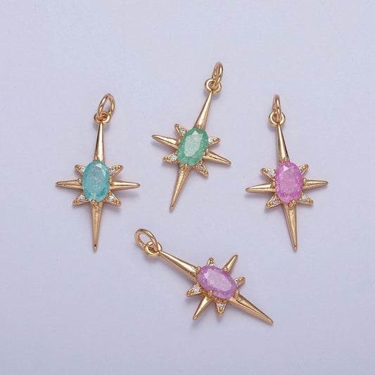 16K Gold Filled Sparkly Pastel Celestial North Star Charm Oval Cubic Zirconia Charm Jewelry Component | X-264-X-267
