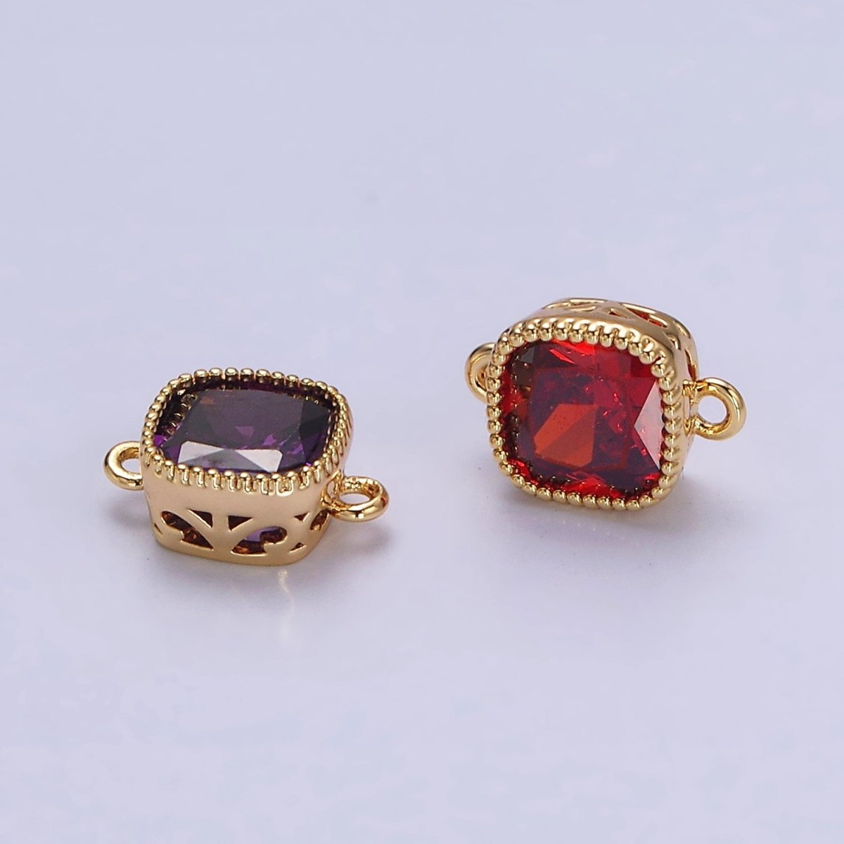 16K Gold Filled Square Clear, Pink, Red, Purple, Green, Peach CZ Connector in God & Silver | Y-896~Y-901