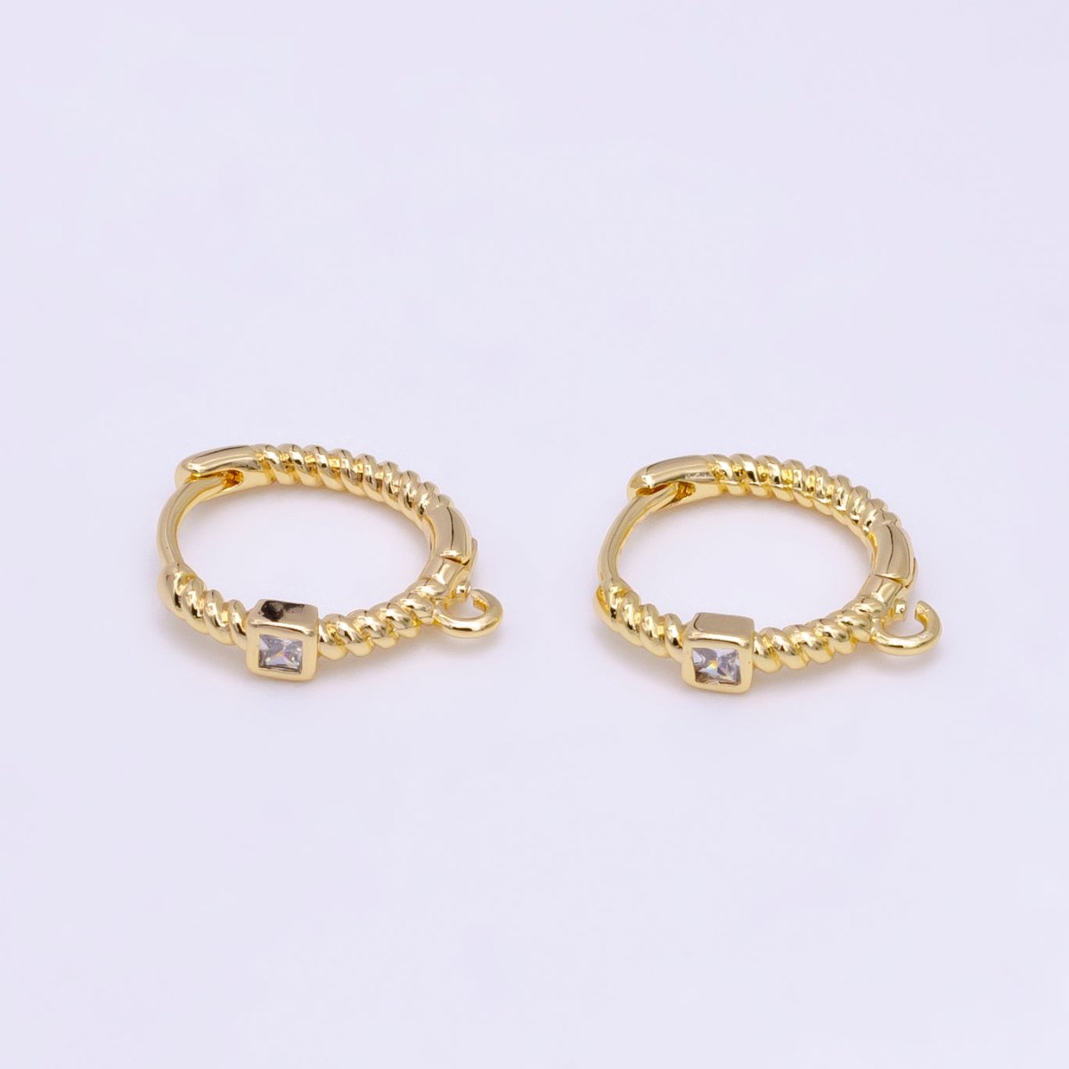 16K Gold Filled Square CZ Twisted Croissant Open Loop Huggie Earrings Supply in Gold & Silver | L810 L929