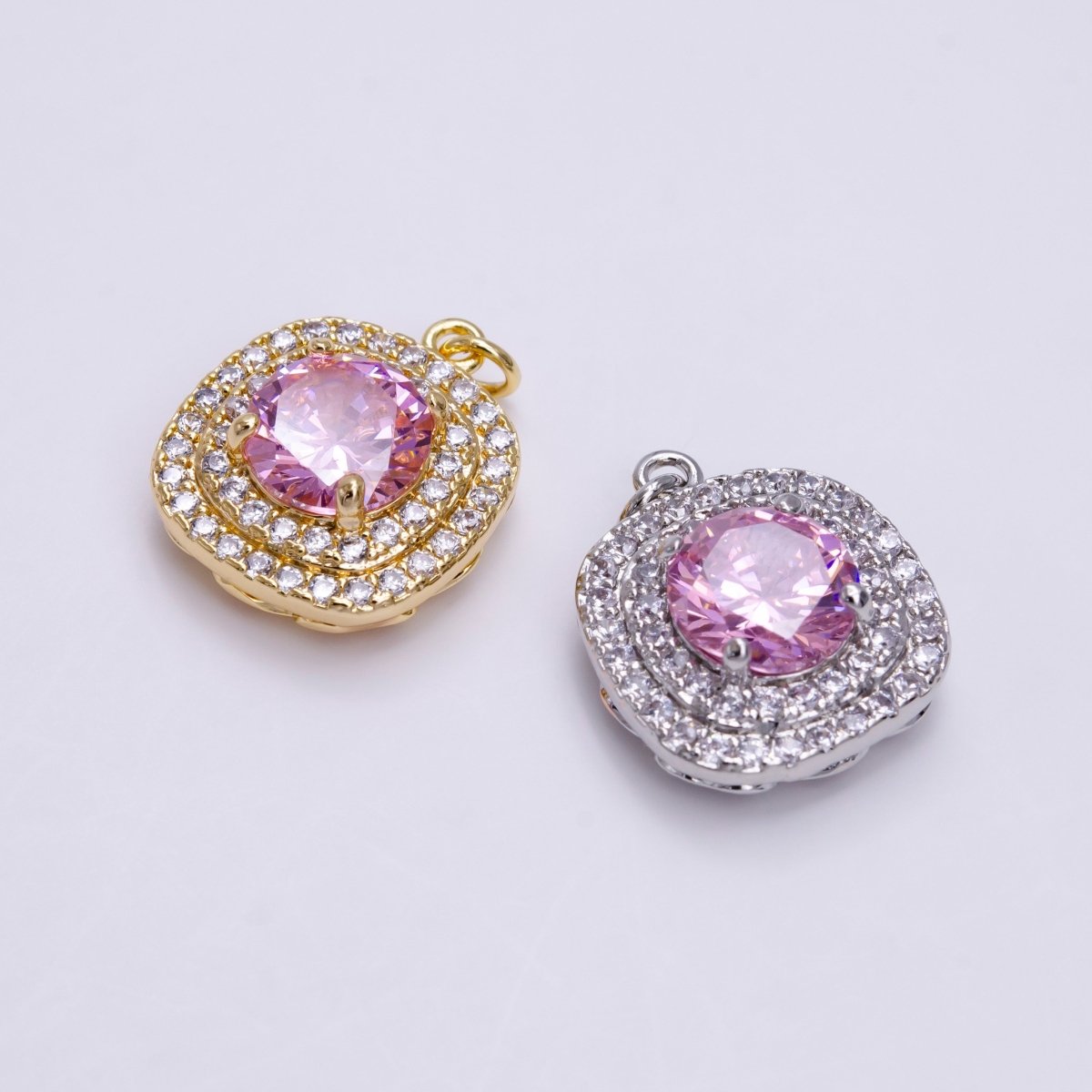 16K Gold Filled Square Micro Paved Round Pink CZ Add-On Charm in Gold & Silver | AC1459 AC1460