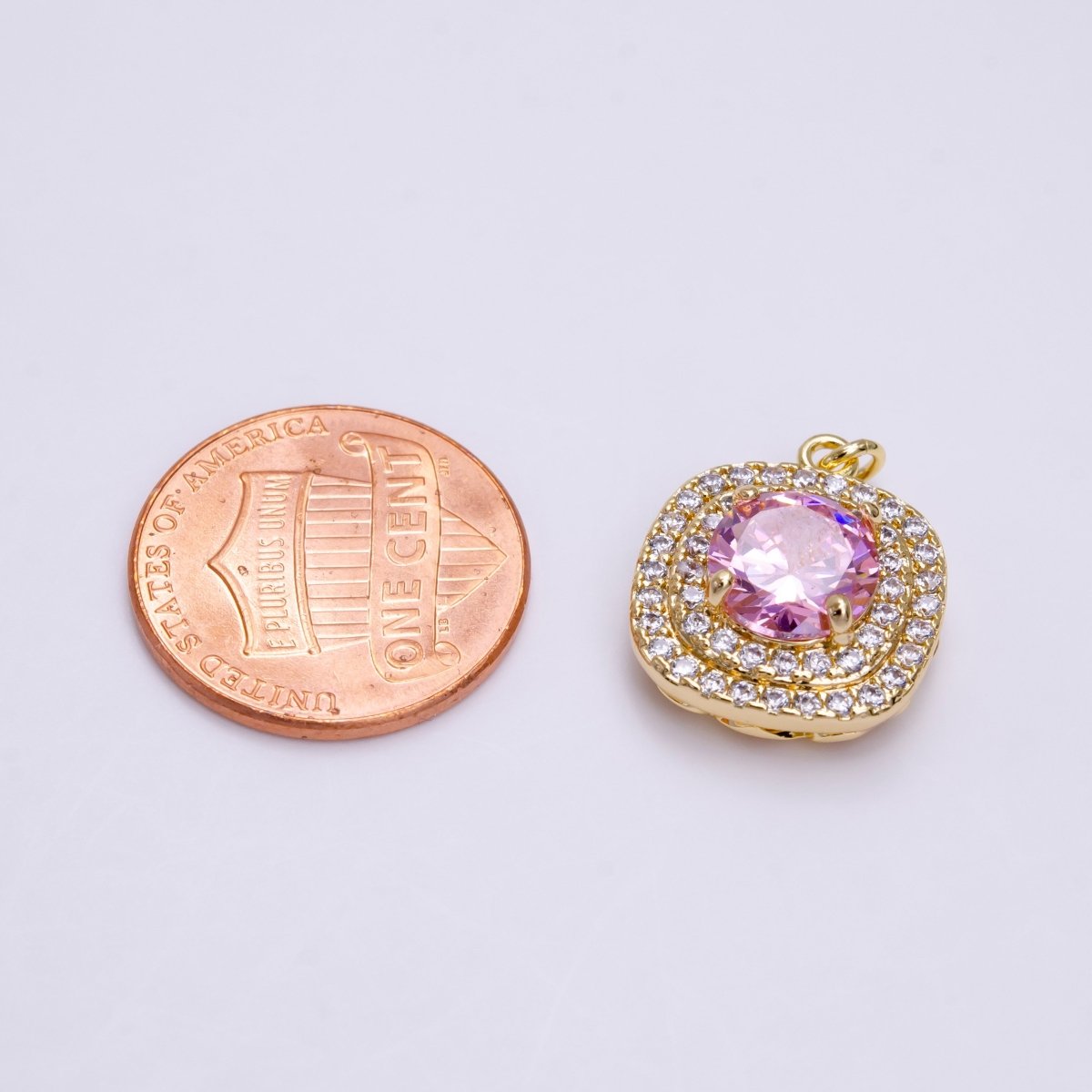 16K Gold Filled Square Micro Paved Round Pink CZ Add-On Charm in Gold & Silver | AC1459 AC1460