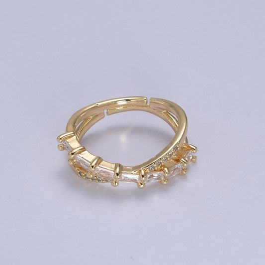 16K Gold Filled Stacking Double Band Unique Clear Crystal Zirconia CZ Adjustable Ring U-304
