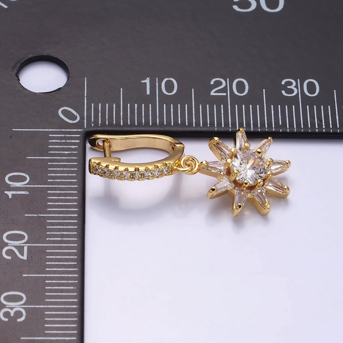 16K Gold Filled Sun Celestial Triangle Baguette Round Drop Micro Paved CZ English Lock Earrings in Gold & Silver | AD1132 AD1133