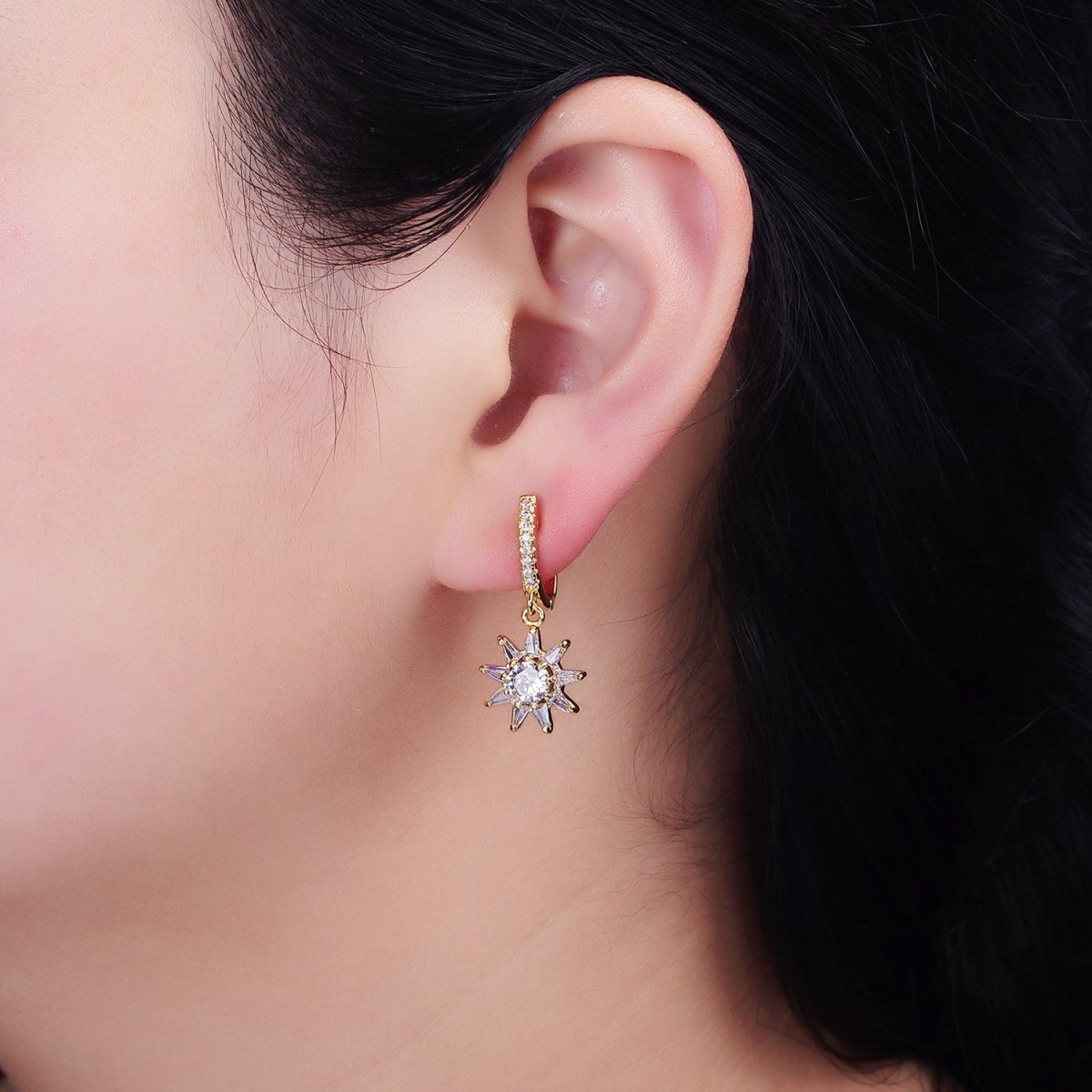 16K Gold Filled Sun Celestial Triangle Baguette Round Drop Micro Paved CZ English Lock Earrings in Gold & Silver | AD1132 AD1133