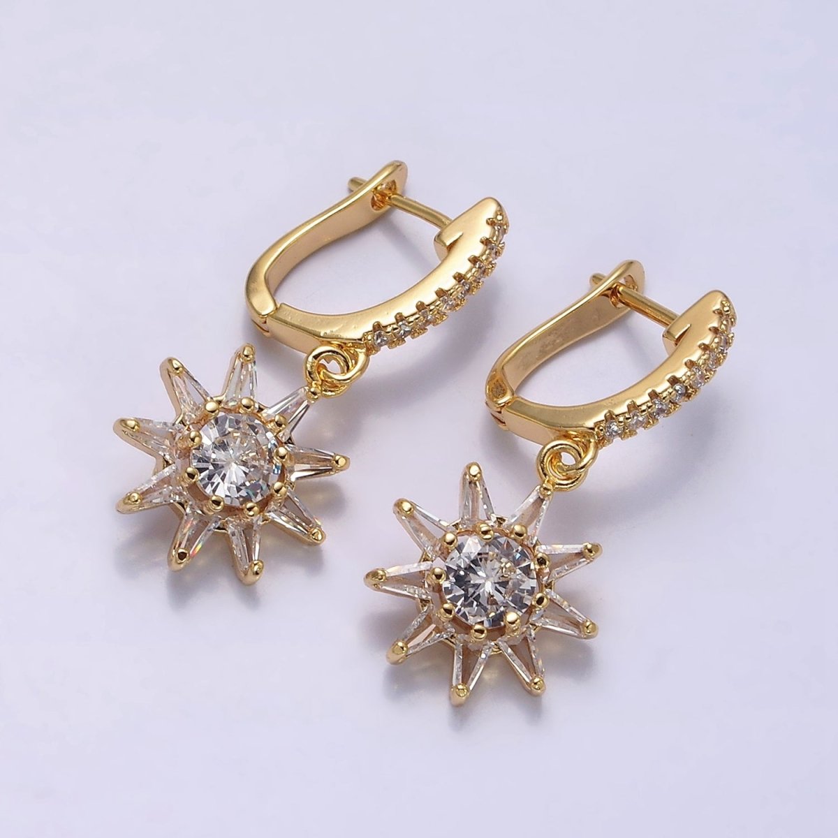 16K Gold Filled Sun Celestial Triangle Baguette Round Drop Micro Paved CZ English Lock Earrings in Gold & Silver | AD1132 AD1133