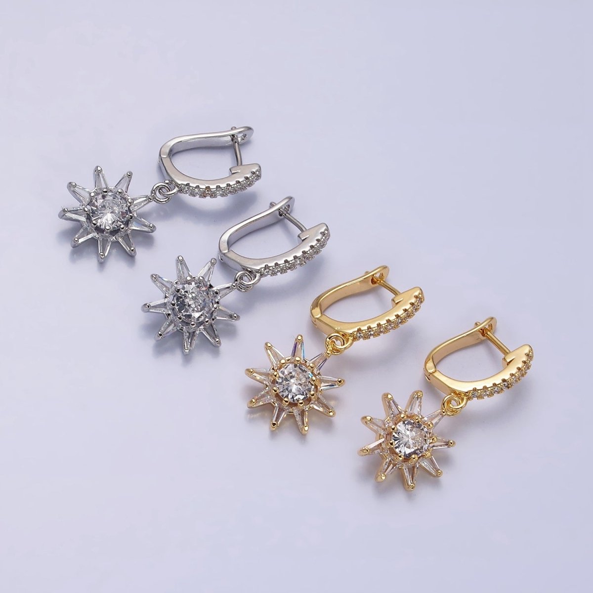 16K Gold Filled Sun Celestial Triangle Baguette Round Drop Micro Paved CZ English Lock Earrings in Gold & Silver | AD1132 AD1133