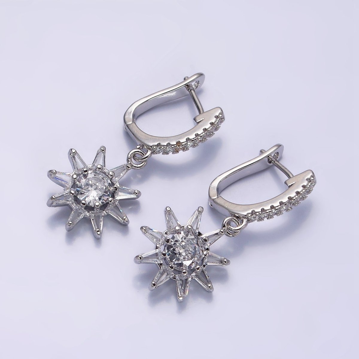 16K Gold Filled Sun Celestial Triangle Baguette Round Drop Micro Paved CZ English Lock Earrings in Gold & Silver | AD1132 AD1133