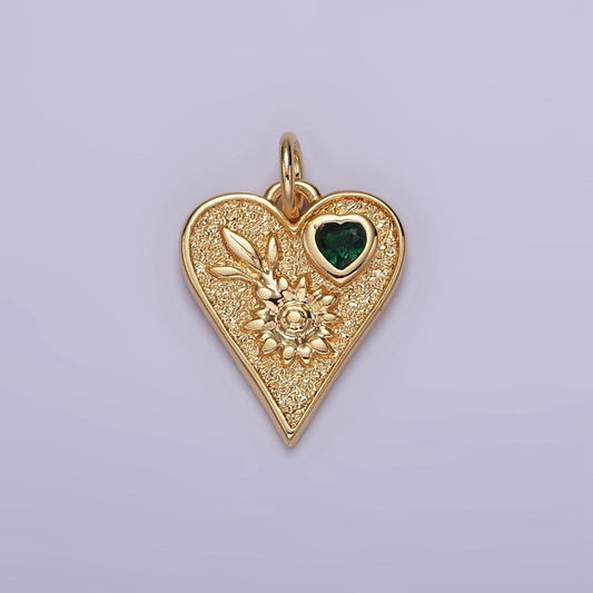 16K Gold Filled Sunflower Plant Green CZ Hammered Heart Charm | N1011