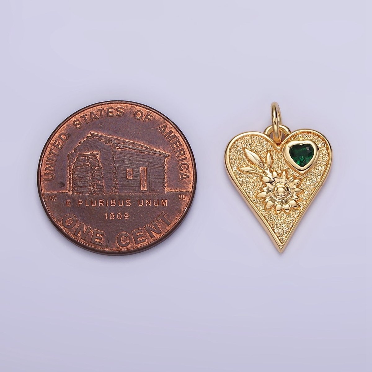 16K Gold Filled Sunflower Plant Green CZ Hammered Heart Charm | N1011