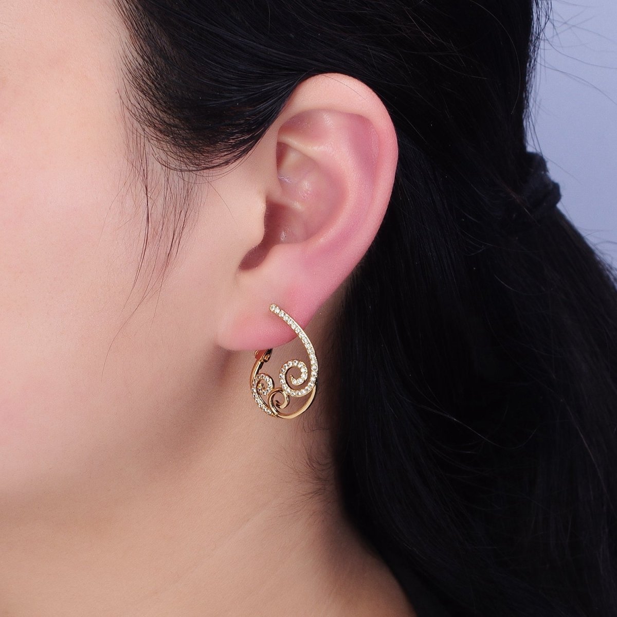 16K Gold Filled Swirl Micro Paved CZ Front-Facing Hinge Earring in Gold & Silver | AD1147 AD1148