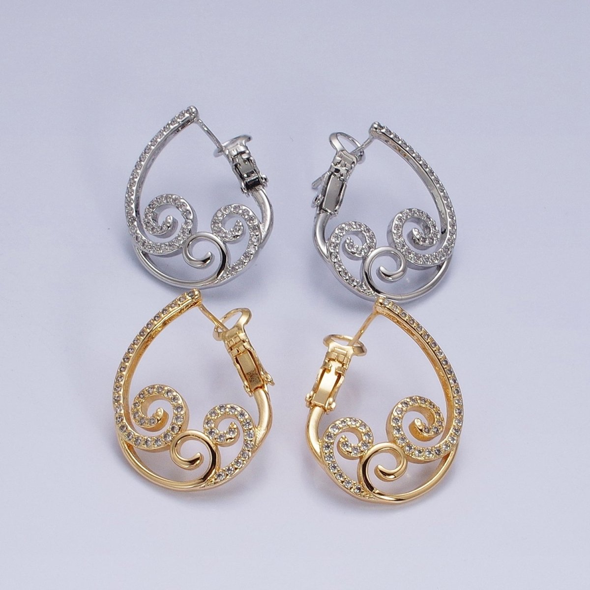 16K Gold Filled Swirl Micro Paved CZ Front-Facing Hinge Earring in Gold & Silver | AD1147 AD1148