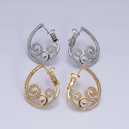 16K Gold Filled Swirl Micro Paved CZ Front-Facing Hinge Earring in Gold & Silver | AD1147 AD1148