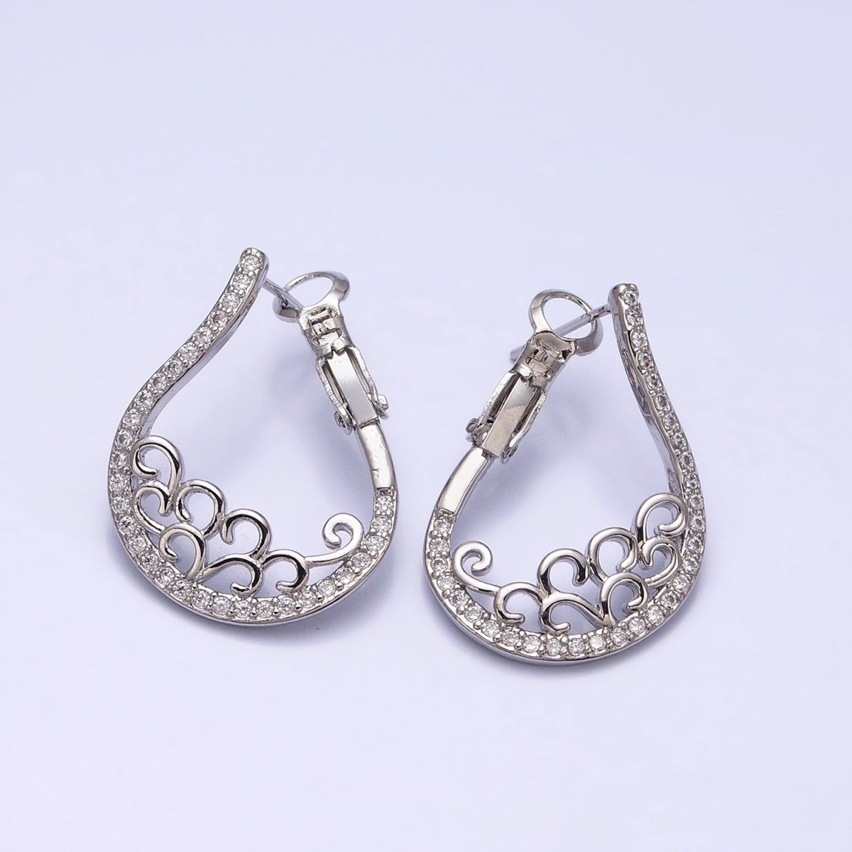 16K Gold Filled Swirl Micro Paved CZ Front-Facing Hinge Hoop Earrings in Gold & Silver | AD921 AD922