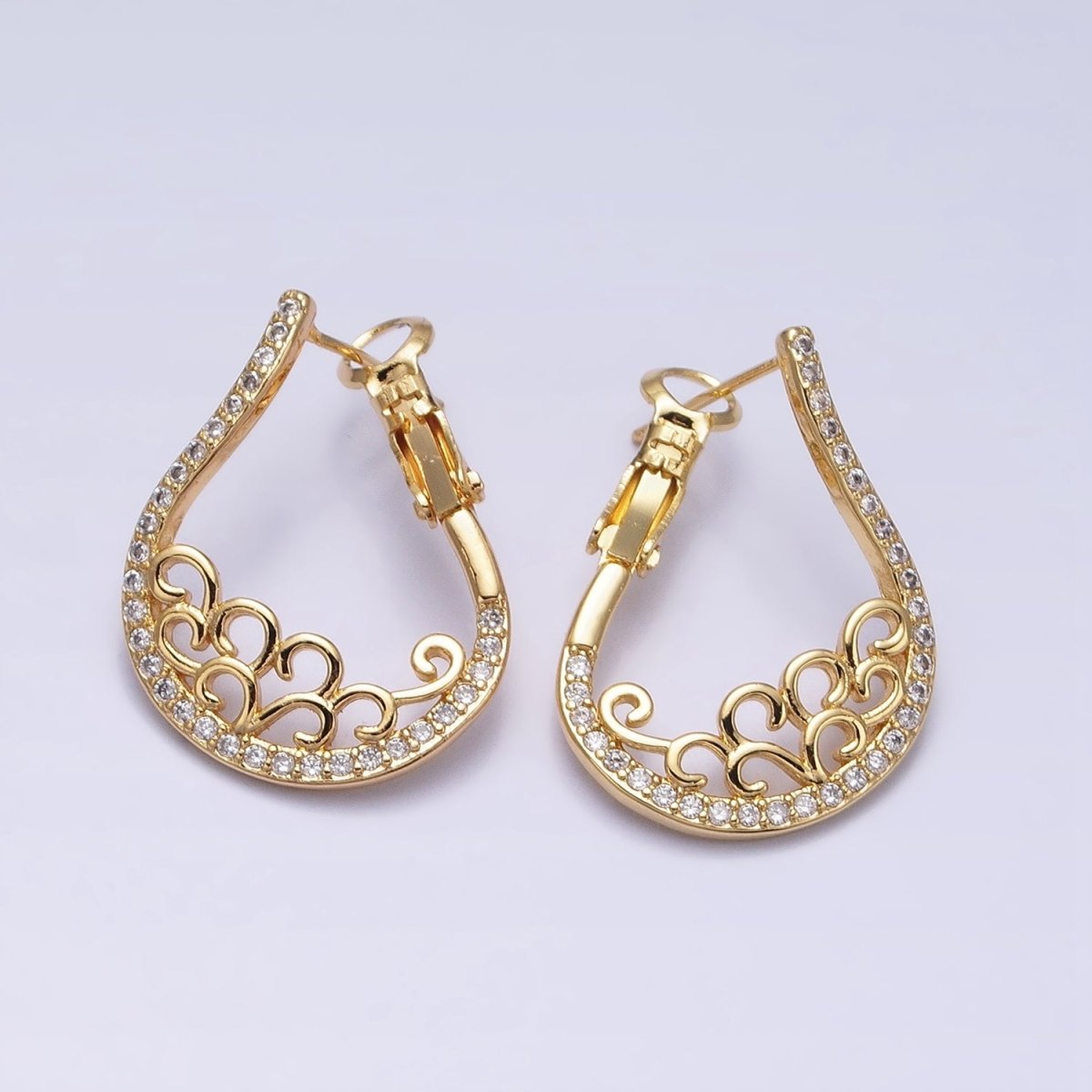 16K Gold Filled Swirl Micro Paved CZ Front-Facing Hinge Hoop Earrings in Gold & Silver | AD921 AD922