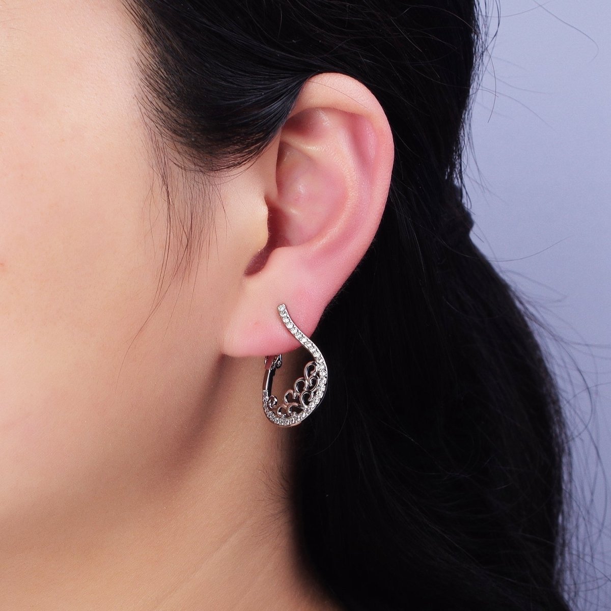 16K Gold Filled Swirl Micro Paved CZ Front-Facing Hinge Hoop Earrings in Gold & Silver | AD921 AD922