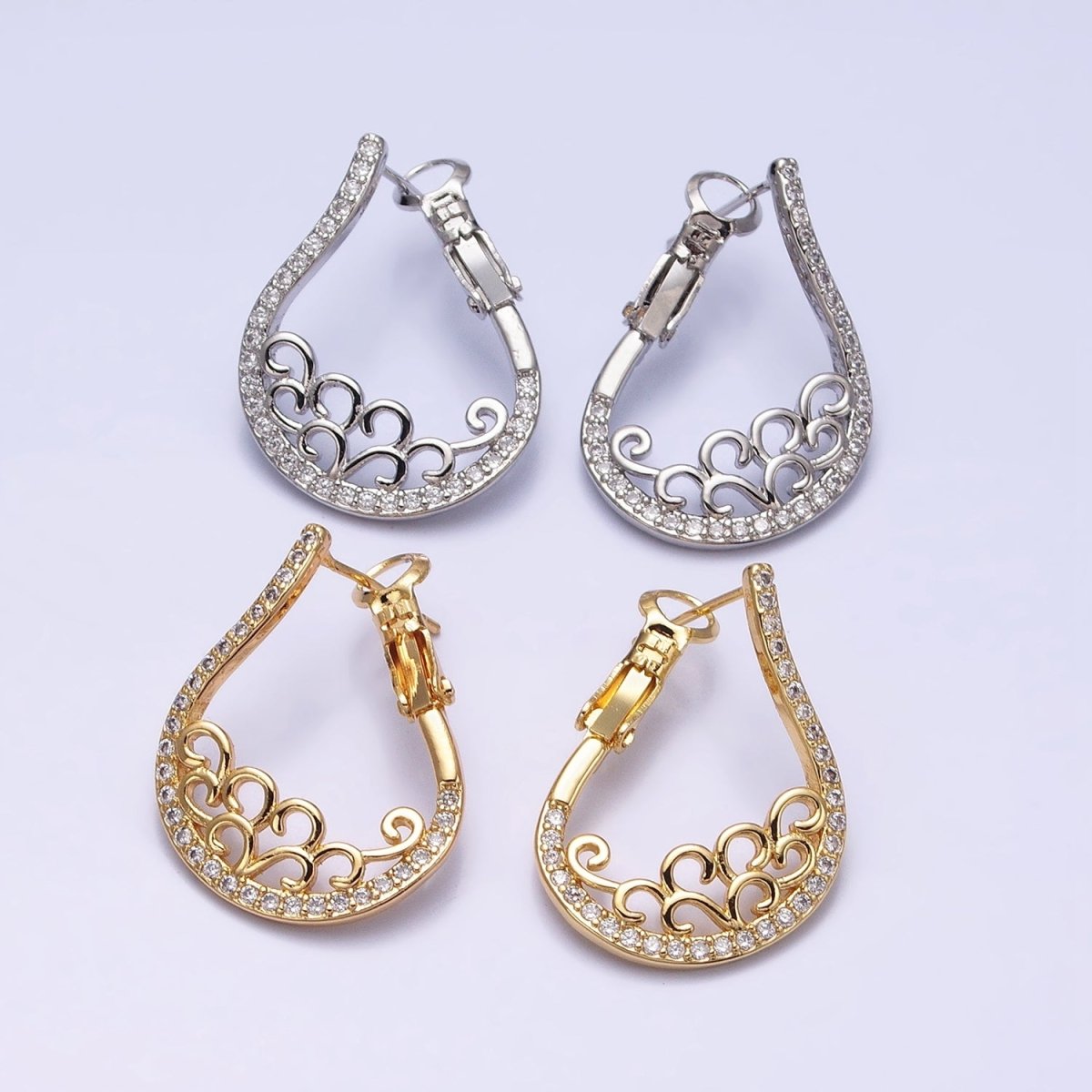 16K Gold Filled Swirl Micro Paved CZ Front-Facing Hinge Hoop Earrings in Gold & Silver | AD921 AD922