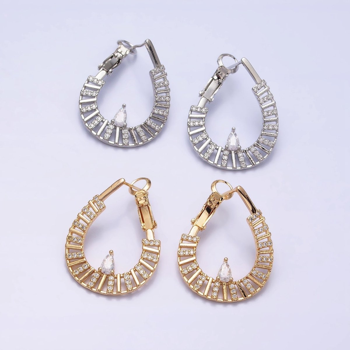 16K Gold Filled Teardrop Flat Thin Bar Micro Paved CZ Front-Facing Hinge Hoop Earrings in Gold & Silver | AD911 AD912