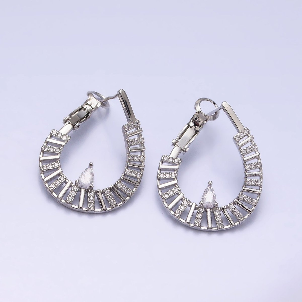 16K Gold Filled Teardrop Flat Thin Bar Micro Paved CZ Front-Facing Hinge Hoop Earrings in Gold & Silver | AD911 AD912