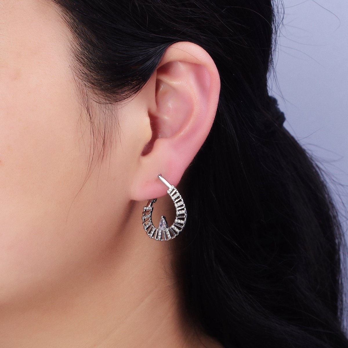 16K Gold Filled Teardrop Flat Thin Bar Micro Paved CZ Front-Facing Hinge Hoop Earrings in Gold & Silver | AD911 AD912