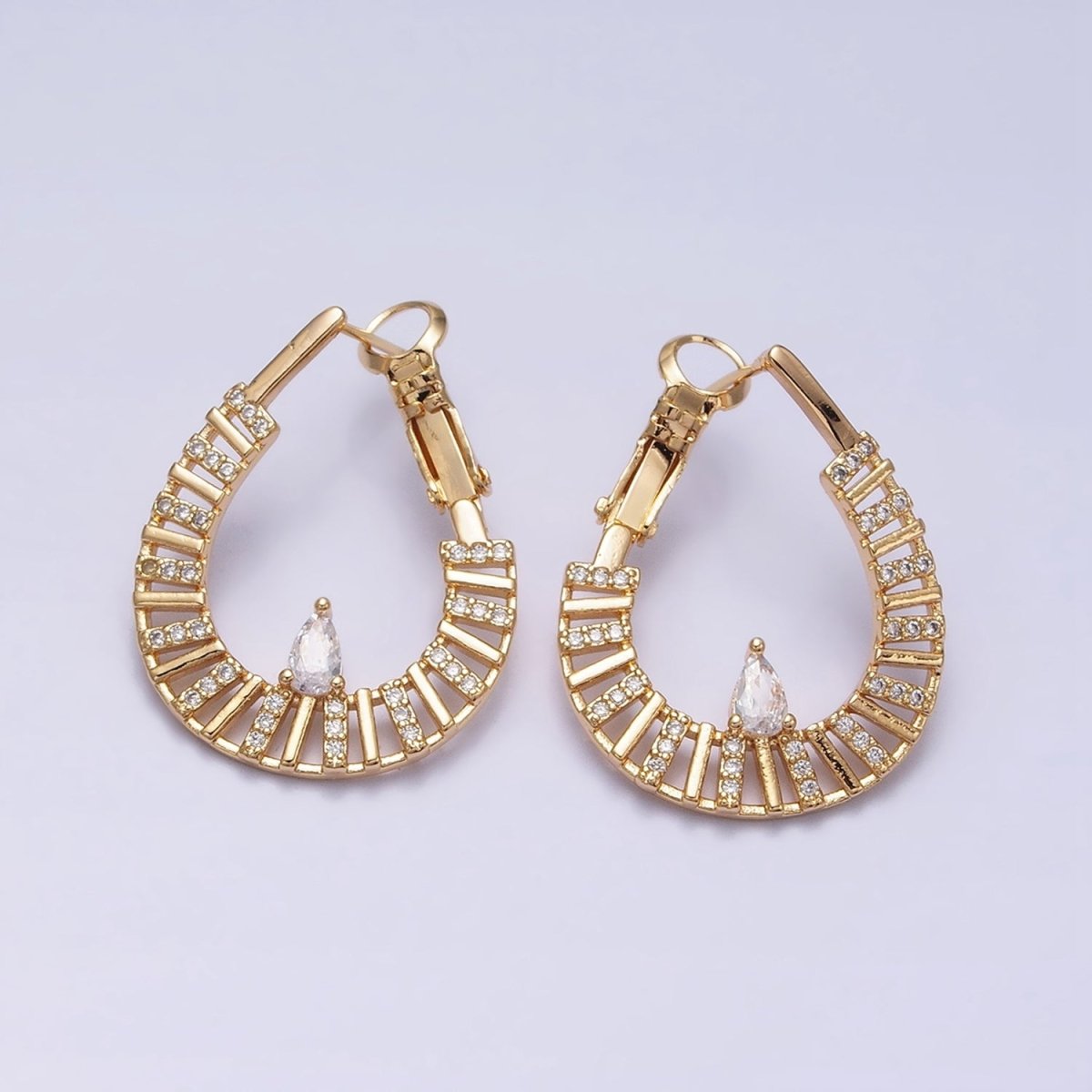16K Gold Filled Teardrop Flat Thin Bar Micro Paved CZ Front-Facing Hinge Hoop Earrings in Gold & Silver | AD911 AD912