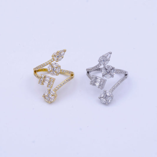 16K Gold Filled Teardrop Round Baguette Clear CZ Multiple Band Open Statement Ring in Gold & Silver | O-1571 O-1572