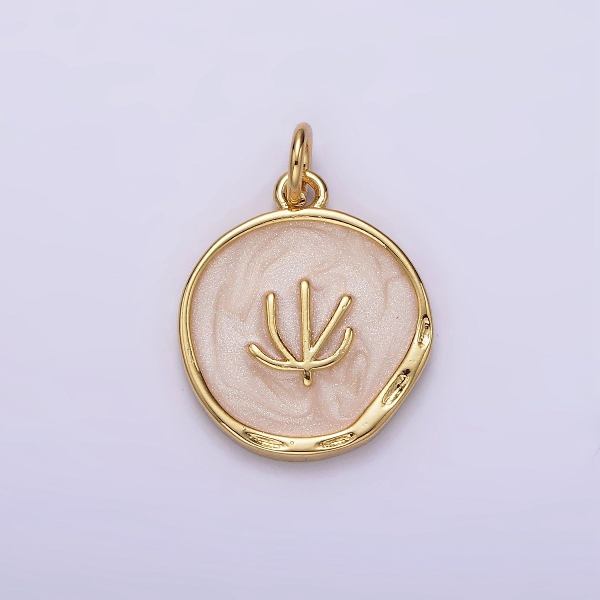 16K Gold Filled Tree Doodle Line Seaweed Broken White, Pink Sparkly Enamel Stamped Dented Round Charm | N1771 N1772