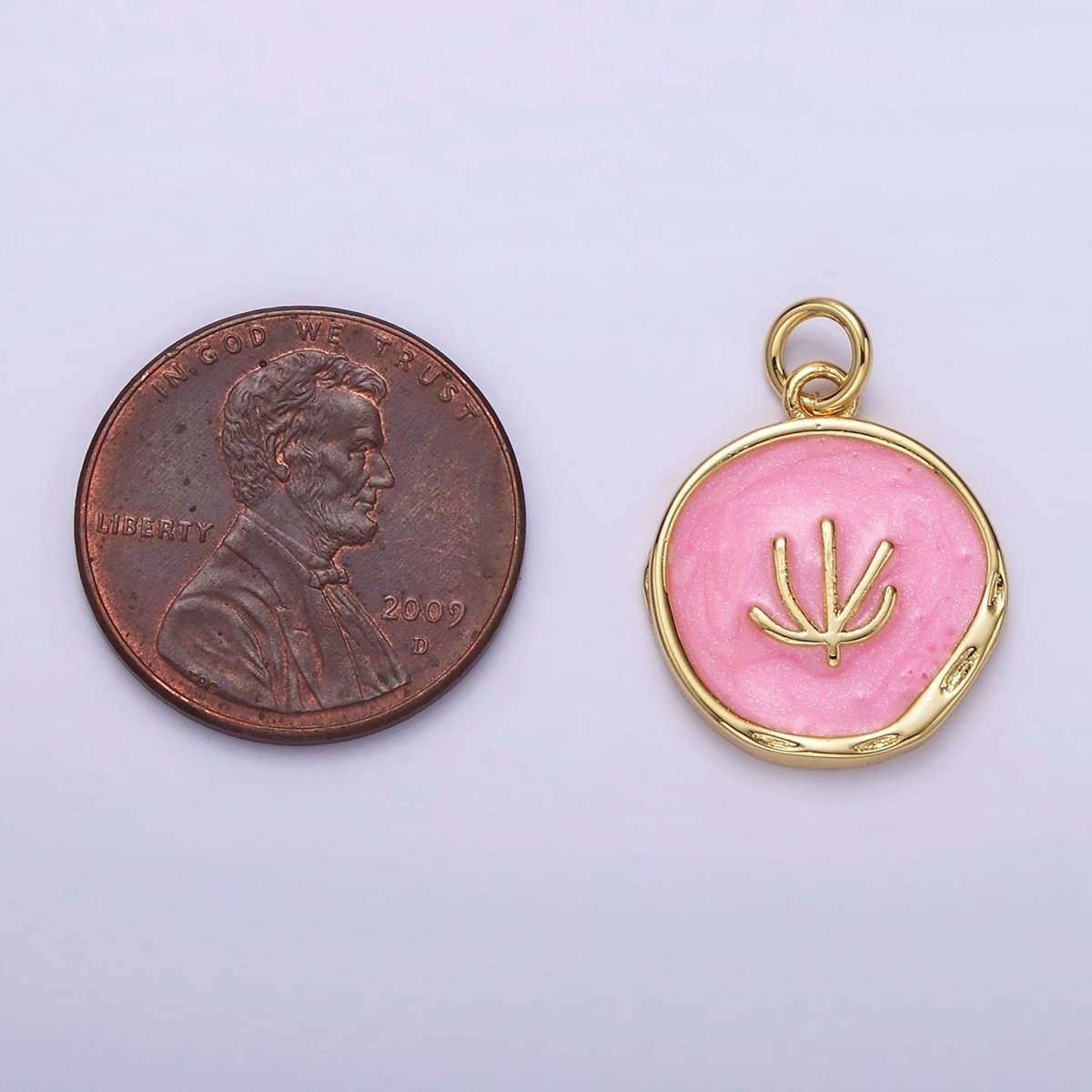 16K Gold Filled Tree Doodle Line Seaweed Broken White, Pink Sparkly Enamel Stamped Dented Round Charm | N1771 N1772