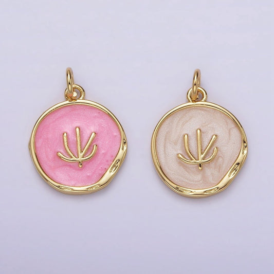 16K Gold Filled Tree Doodle Line Seaweed Broken White, Pink Sparkly Enamel Stamped Dented Round Charm | N1771 N1772