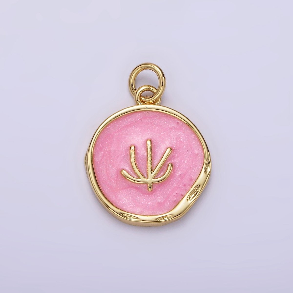 16K Gold Filled Tree Doodle Line Seaweed Broken White, Pink Sparkly Enamel Stamped Dented Round Charm | N1771 N1772