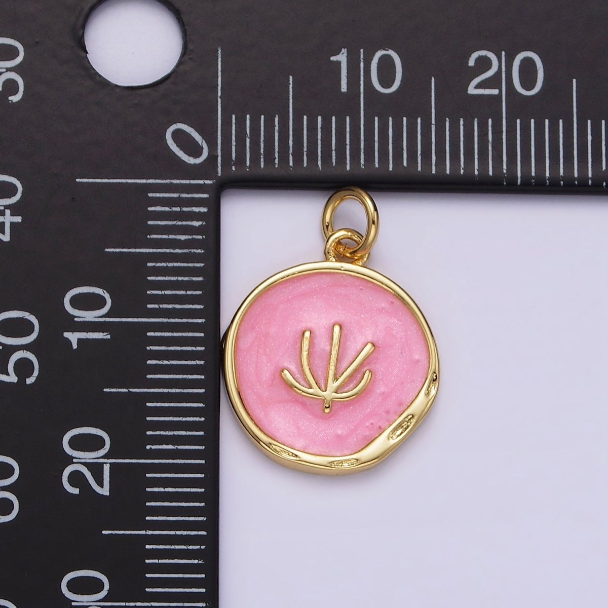16K Gold Filled Tree Doodle Line Seaweed Broken White, Pink Sparkly Enamel Stamped Dented Round Charm | N1771 N1772