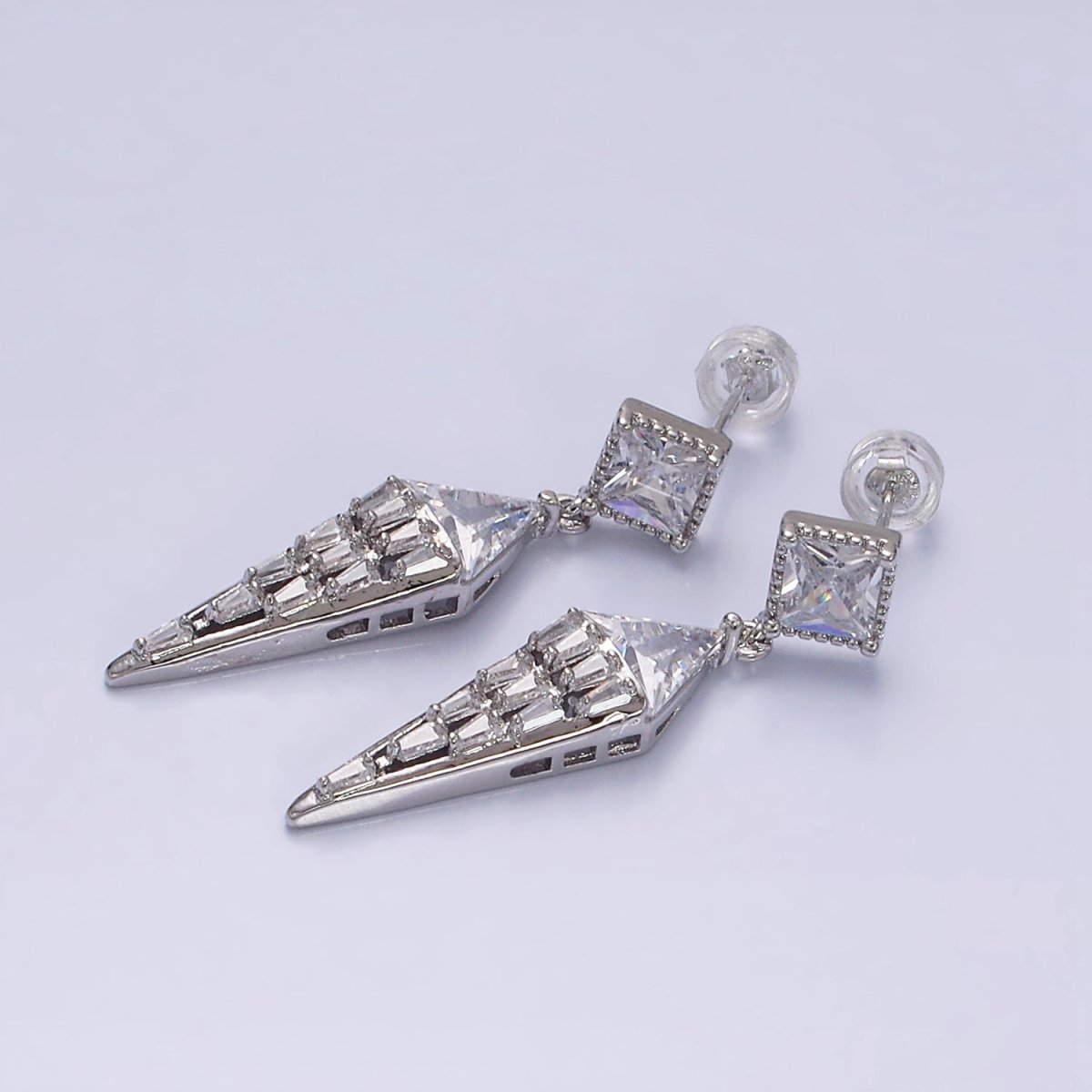 16K Gold Filled Triangle Baguette Arrow Drop Clear Rhombus Stud Earrings in Gold & Silver | AD1070 AD1071