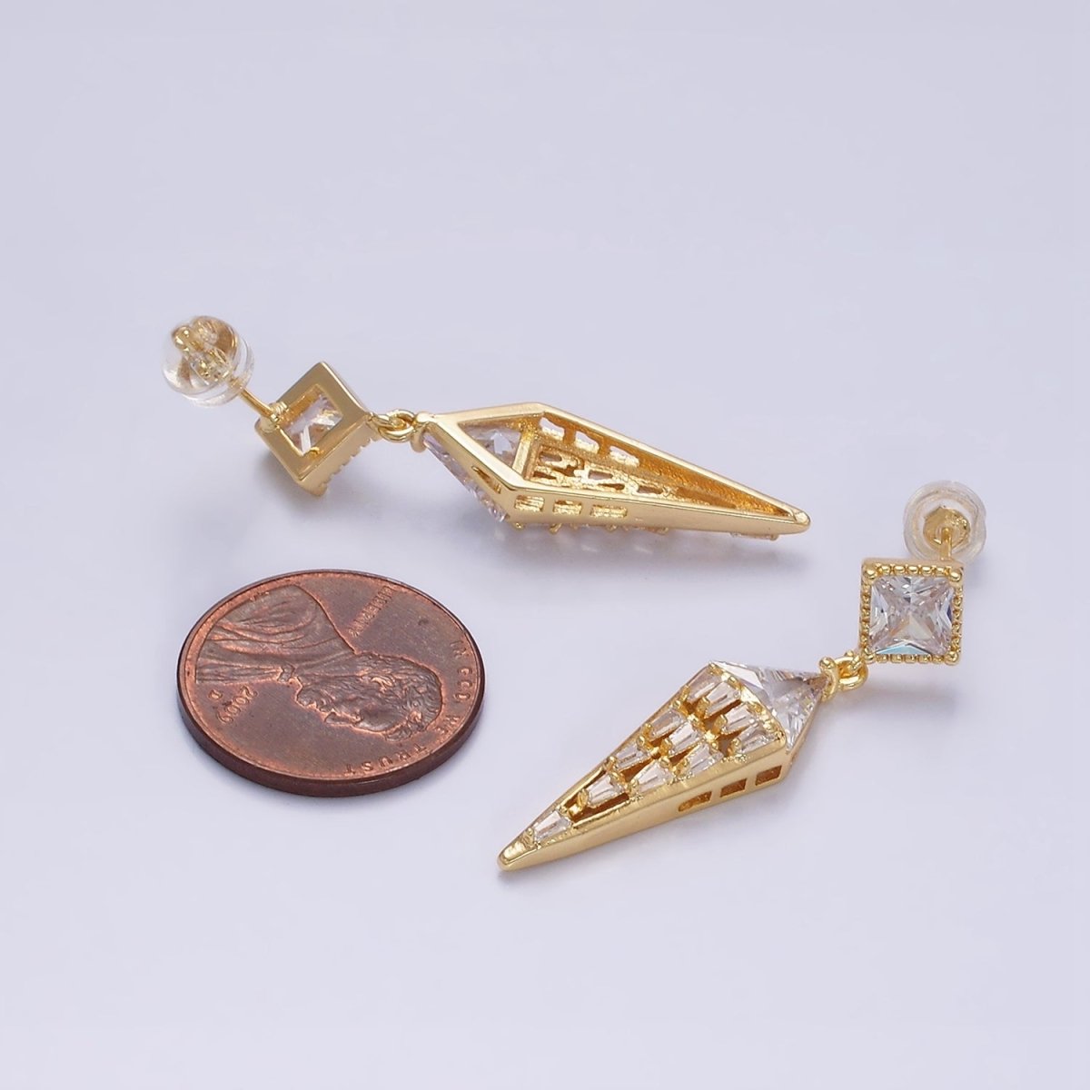 16K Gold Filled Triangle Baguette Arrow Drop Clear Rhombus Stud Earrings in Gold & Silver | AD1070 AD1071