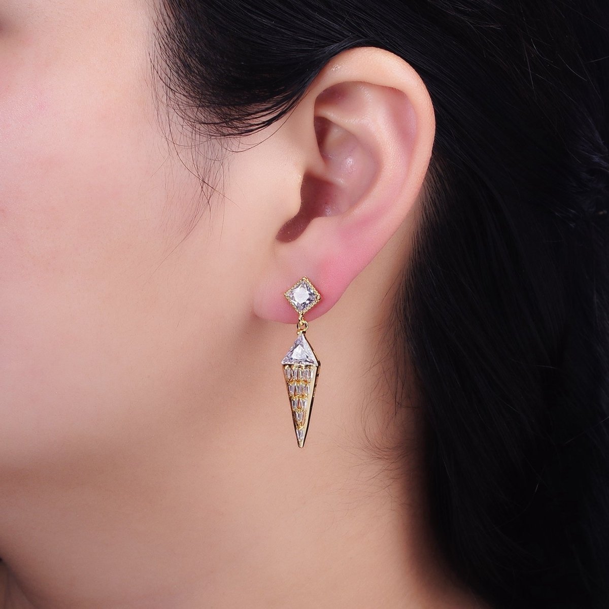 16K Gold Filled Triangle Baguette Arrow Drop Clear Rhombus Stud Earrings in Gold & Silver | AD1070 AD1071