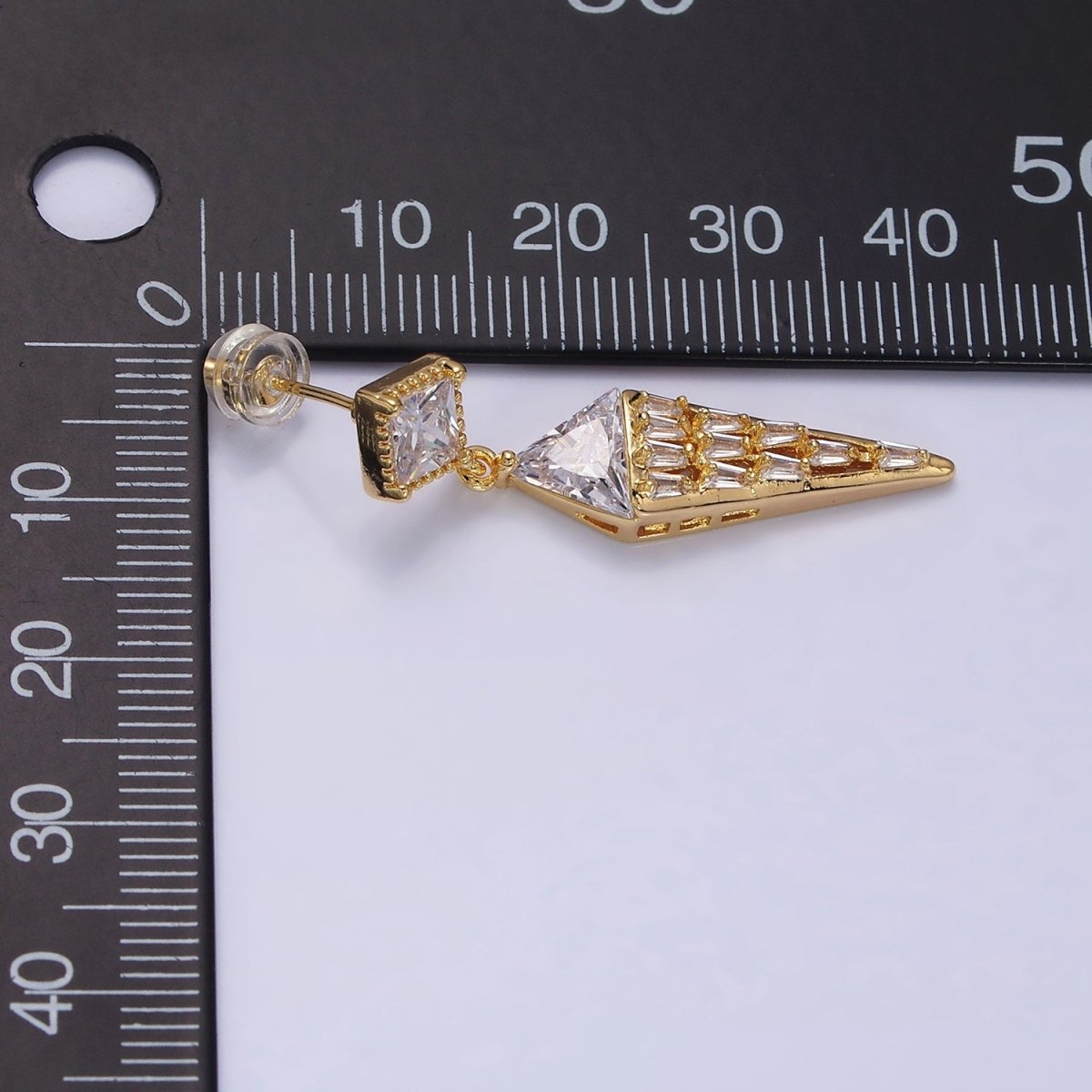 16K Gold Filled Triangle Baguette Arrow Drop Clear Rhombus Stud Earrings in Gold & Silver | AD1070 AD1071