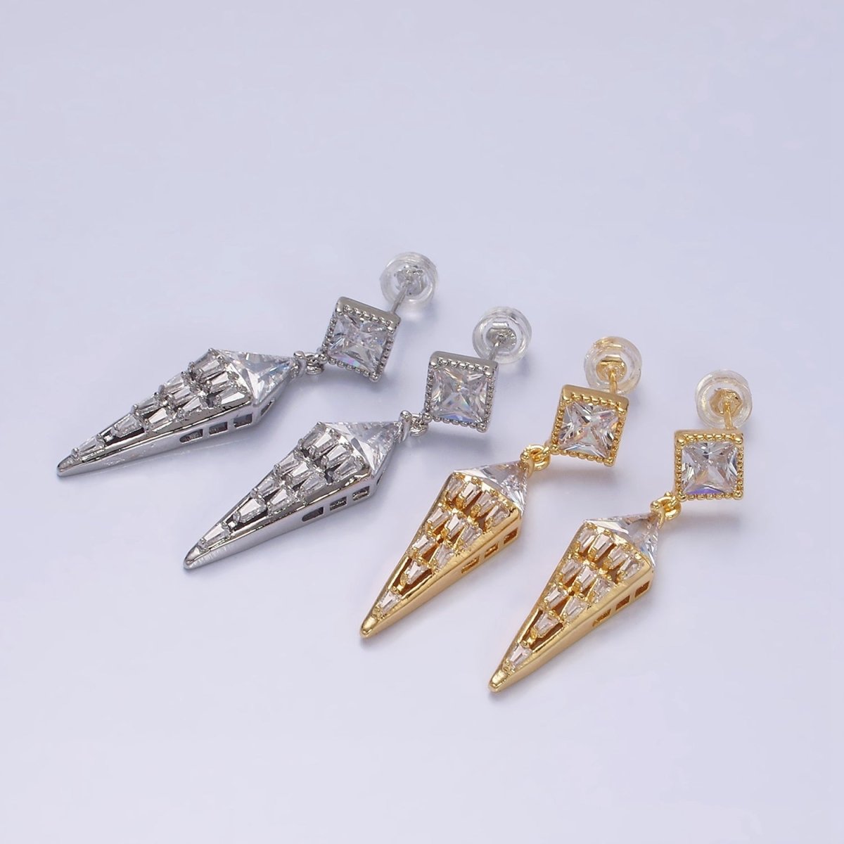 16K Gold Filled Triangle Baguette Arrow Drop Clear Rhombus Stud Earrings in Gold & Silver | AD1070 AD1071
