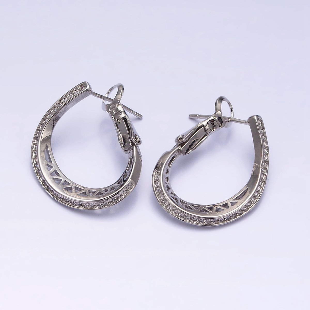 16K Gold Filled Triangle Filigree Micro Paved CZ Front-Facing Hinge Hoop Earrings in Gold & Silver | AD923 AD924