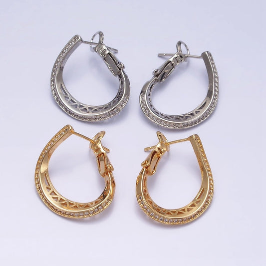 16K Gold Filled Triangle Filigree Micro Paved CZ Front-Facing Hinge Hoop Earrings in Gold & Silver | AD923 AD924