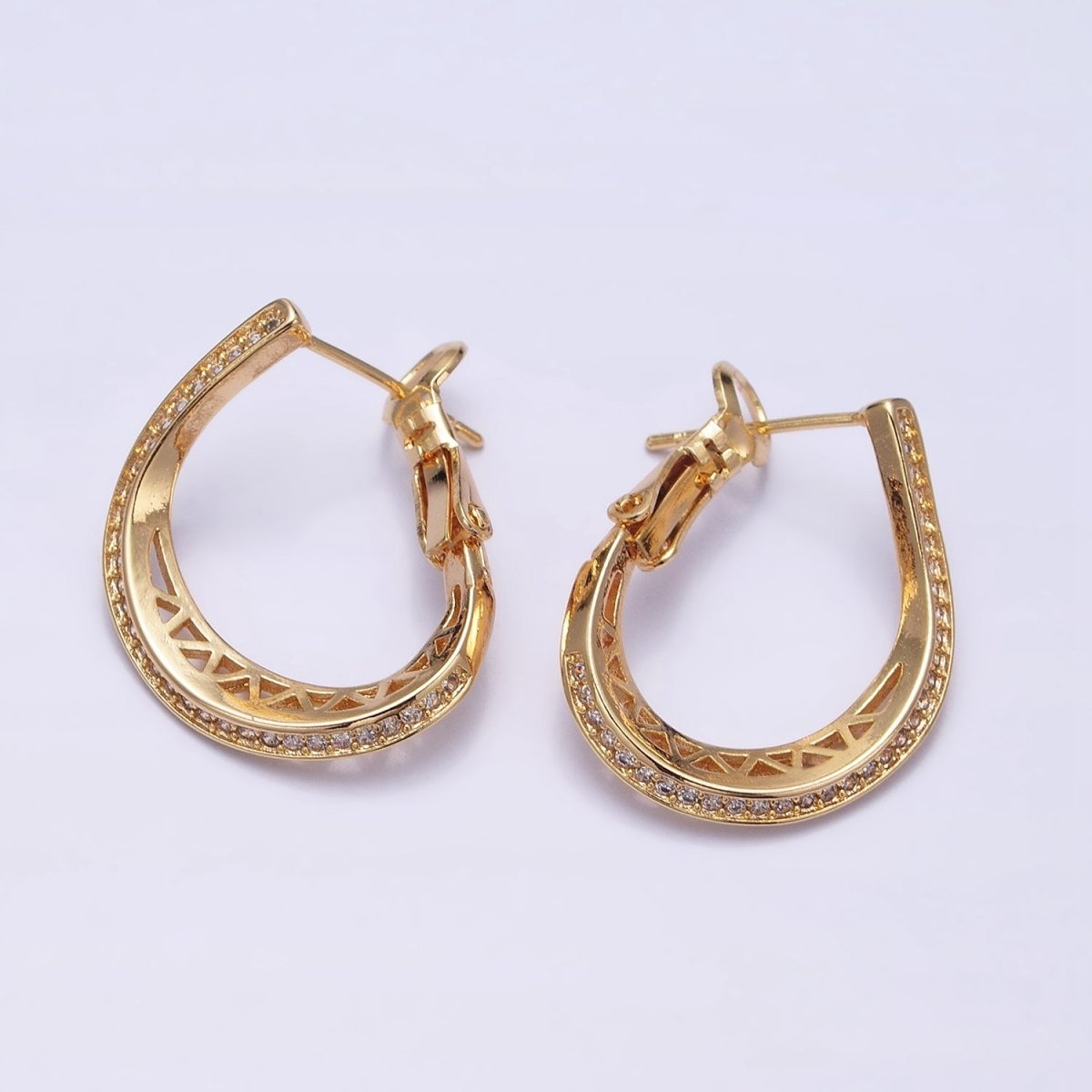 16K Gold Filled Triangle Filigree Micro Paved CZ Front-Facing Hinge Hoop Earrings in Gold & Silver | AD923 AD924