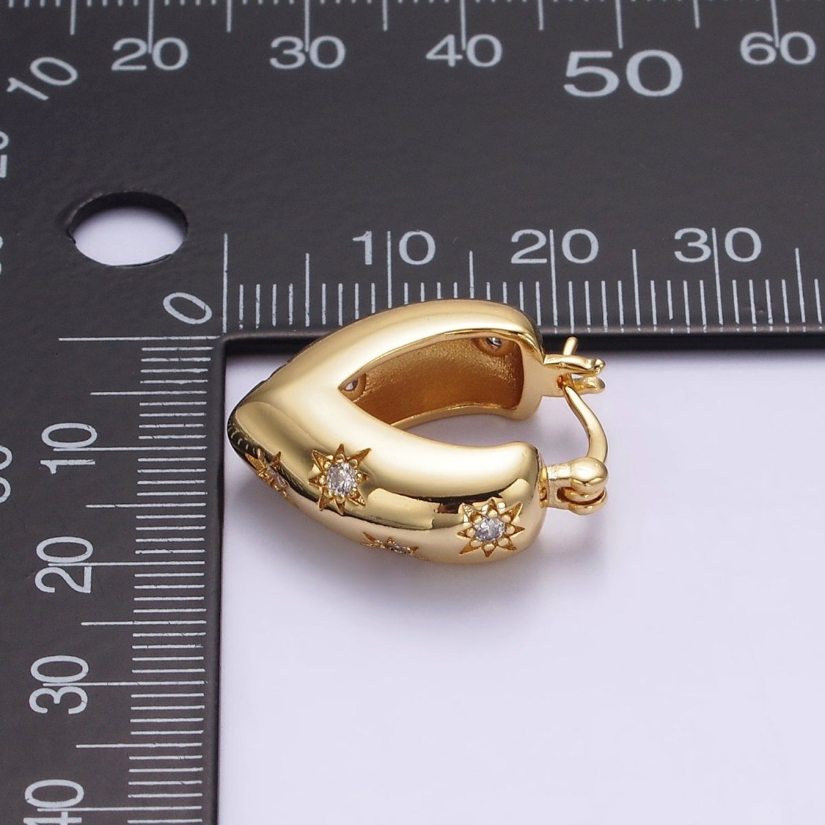 16K Gold Filled Triangle V-Shaped Dome Celestial Stars CZ French Lock Latch Hoop Earrings | AE635