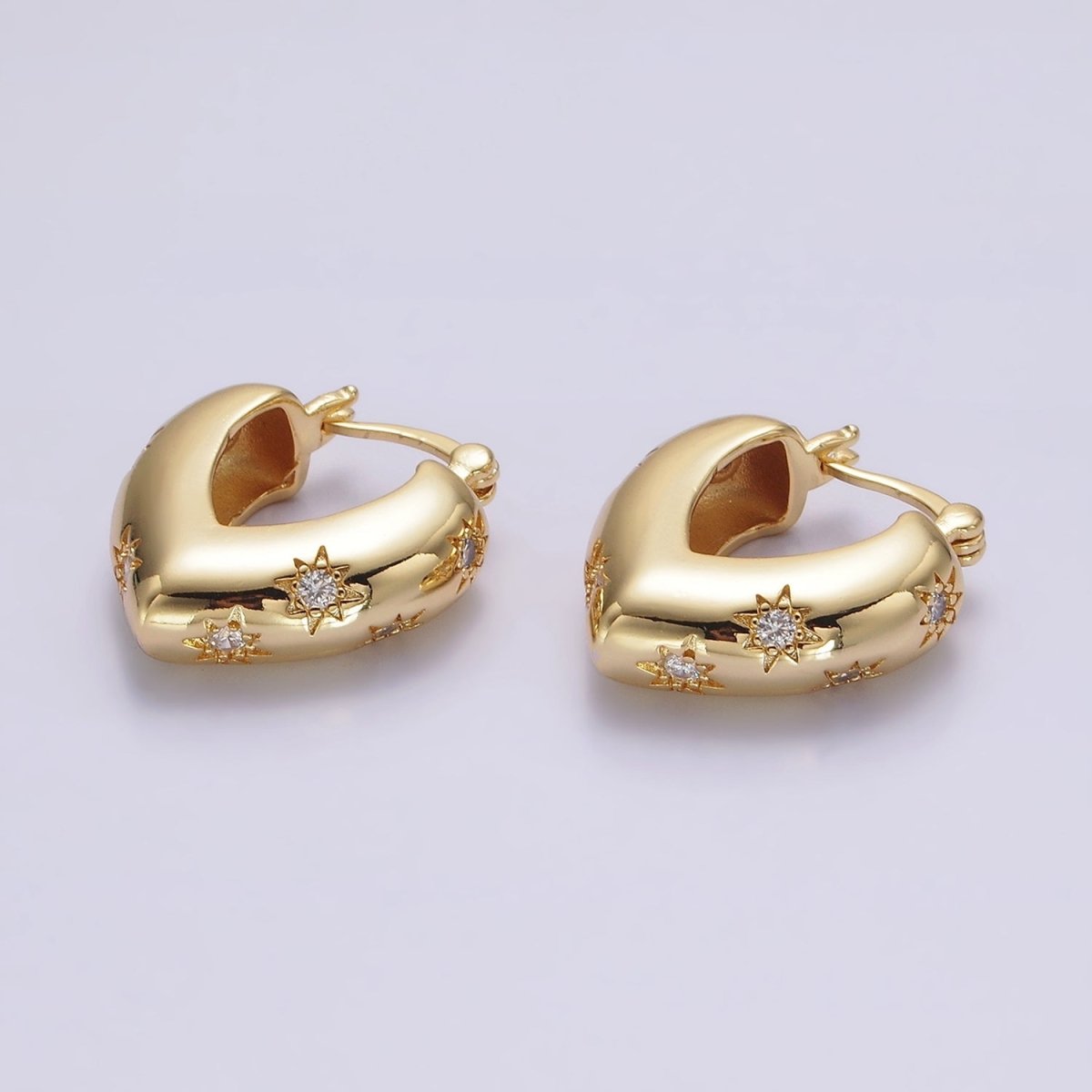 16K Gold Filled Triangle V-Shaped Dome Celestial Stars CZ French Lock Latch Hoop Earrings | AE635