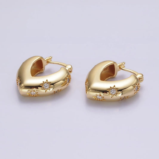 16K Gold Filled Triangle V-Shaped Dome Celestial Stars CZ French Lock Latch Hoop Earrings | AE635