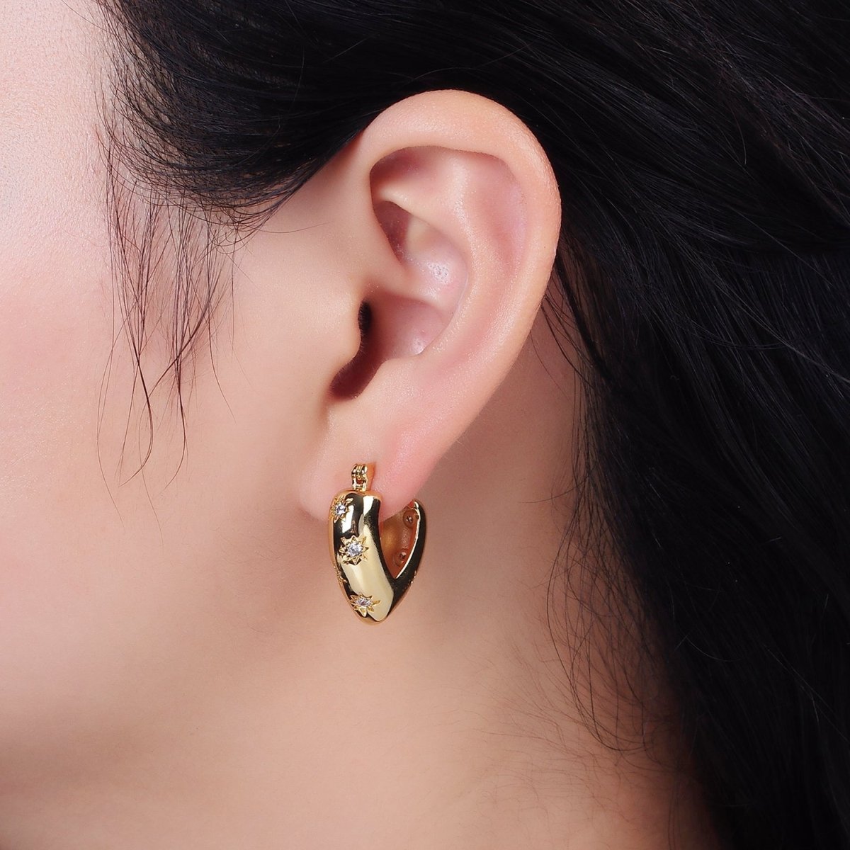 16K Gold Filled Triangle V-Shaped Dome Celestial Stars CZ French Lock Latch Hoop Earrings | AE635