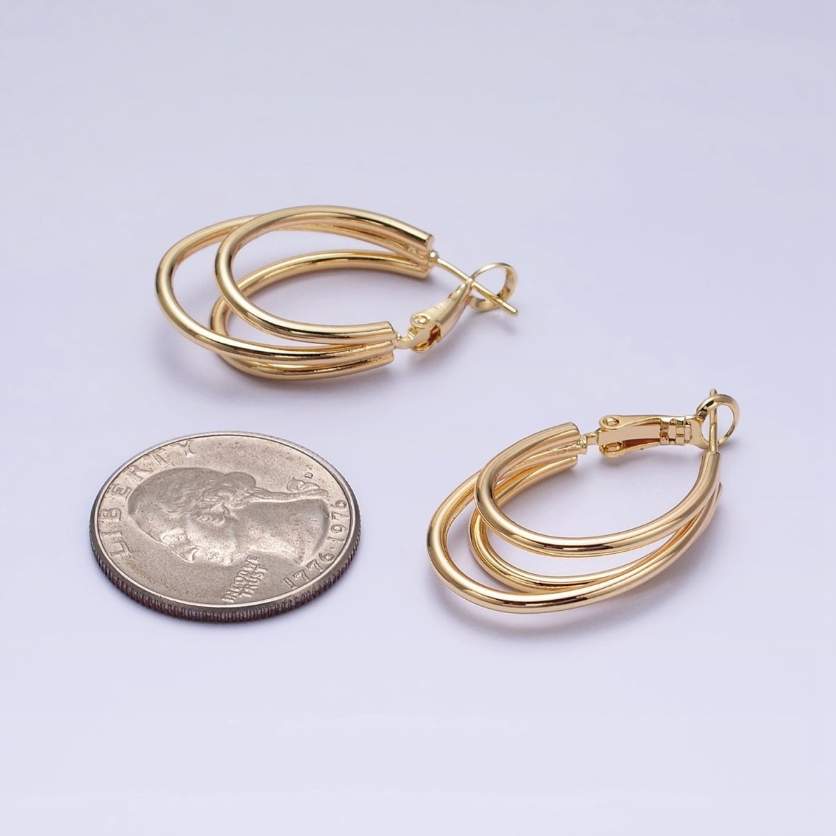 16K Gold Filled Triple Band Oblong Hinge Hoop Earrings in Gold & Silver | AD847 AD848